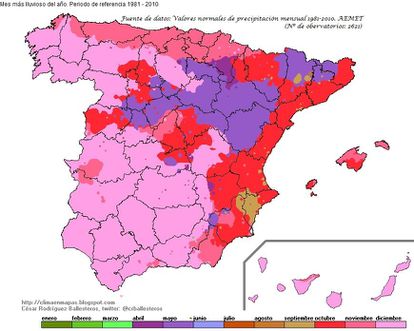 En la mayor parte de España el mes más lluvioso del año es octubre, noviembre, diciembre o mayo. Abril solo lo es en la mitad sur de Navarra.