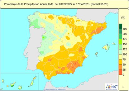 Esto es lo que ha llovido en España desde el inicio del año hidrológico, el 1 de septiembre, hasta el 17 de abril.