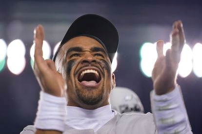 Hurts celebra en el partido donde su equipo, los Eagles de Filadelfia, derrotaron a San Francisco, en enero pasado, en el campeonato de la Liga Nacional.