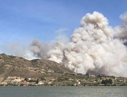 Un incendio avanza empujado por el viento entre Aragón y Cataluña