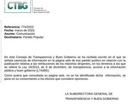 Carta enviada por el Consejo de Transparencia al PP.