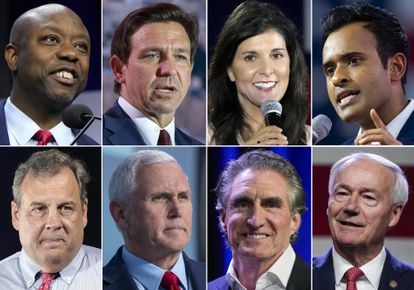 Los ocho participantes en el debate. De izquiera a derecha, arriba, Tim Scott; Ron DeSantis, Nikki Haley y Vivek Ramaswamy. Abajo, Chris Christie, Mike Pence, Doug Burgum y Asa Hutchinson.