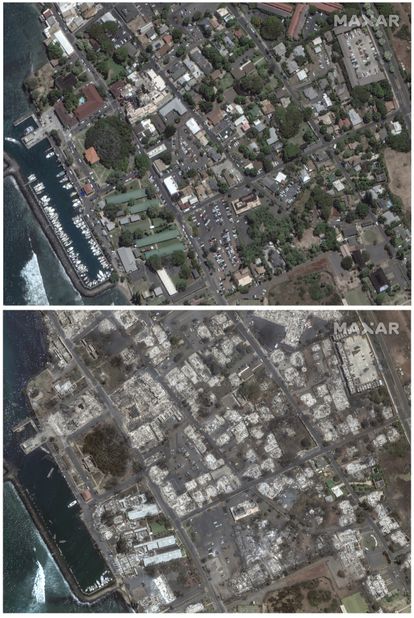 Imágenes de sátelite de la ciudad de Lahaina, en la isla de Maui, el 25 de junio y el 9 de agosto tras el incendio.