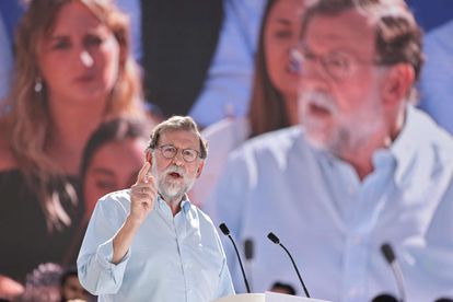 El expresidente del Gobierno, Mariano Rajoy, durante su intervención en el mitin del Partido Popular celebrado en Madrid.