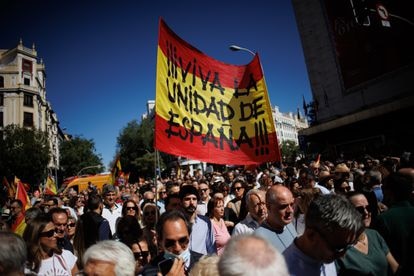 Una bandera de España durante la manifestación organizada por el PP, en la plaza Salvador Dalí.