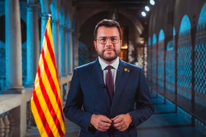 El presidente de la Generalitat, Pere Aragonès, durante el mensaje institucional de la Diada de 2023.
