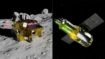 Ilustraciones de la sonda SLIM en la Luna y del telescopio espacial XRISM proporcionadas por la agencia espacial japonesa.