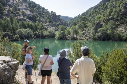 El guía Jesús Ruiz, a la izquierda, da explicaciones a unos visitantes en las inmediaciones de una laguna, en el Parque Natural de las Sierras de Cazorla, Segura y Las Villas.