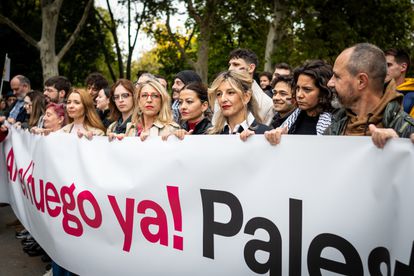 La líder de Sumar, Yolanda Díaz, este domingo, en la manifestación en solidaridad con el pueblo palestino.