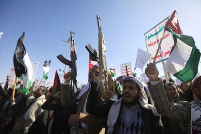Manifestación propalestina organizada por los hutíes, el viernes en la capital de Yemen.