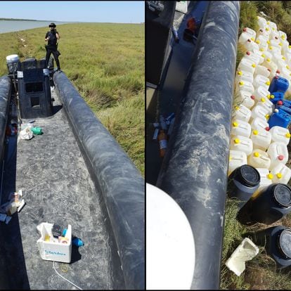 Una embarcación rodeada de petacas para transportar gasolina, interceptada por la Policía Nacional de Sanlúcar de Barrameda (Cádiz).