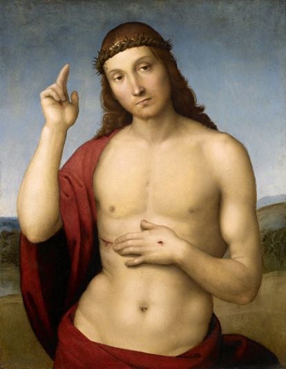 El cartel elegido para la próxima Semana Santa de Sevilla, creado por Salustiano García, ha despertado las críticas de quienes no se consideran representados en esa imagen. Pero a lo largo de la historia del arte, la figura de Cristo ha sido representada de muy distintas maneras. Una de las representaciones que más se han puesto como ejemplo para defender la visión Salustiano García es este 'Cristo bendiciendo' (1505), de Rafael.