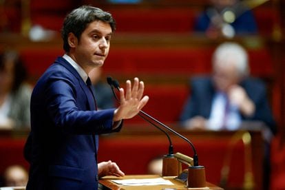 El primer ministro francés, Gabriel Attal, durante su intervención en el Asamblea Nacional, en París, el 30 de enero.