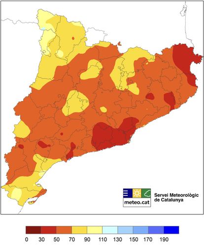 Porcentaje de precipitaciones con respecto a la media climática (1991-2020). Meteocat