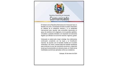 El comunicado lanzado por las autoridades venezolanas en respuesta al anuncio de EE UU.