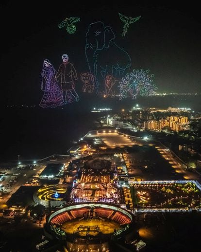 Espectáculo de drones en las celebraciones de preboda de Anant Ambani y Radhika Merchant.
