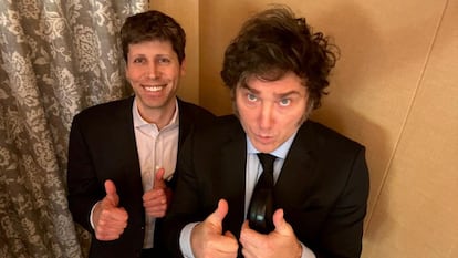 Javier Milei con Sam Altman, consejero delegado de la empresa de inteligencia artificial OpenAI, el 28 de mayo.