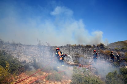 Los bomberos intentan extinguir un incendio forestal en Grammatiko, al noreste de Ática.