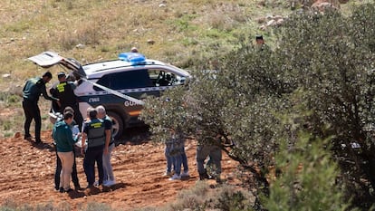 Efectivos de la Guardia Civil, en las inmediaciones del lugar en el que un piloto de un avión de combate F18.