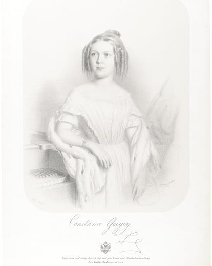 La compositora Constanza Geiger, en una litografía de Gabriel Decker (1849).