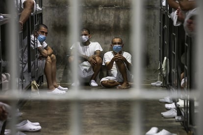 Reclusos miran desde sus celdas en el centro penitenciario de máxima seguridad CECOT el 4 de abril de 2025 en Tecoluca, El Salvador.