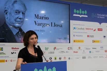 La editora Pilar Reyes, en el homenaje a Mario Vargas Llosa en la Feria del Libro de Madrid, este sábado, 31 de mayo.