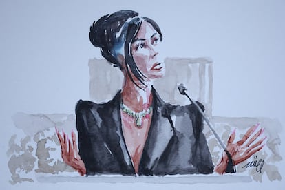 'Sketch' de la declaración de Kim Kardashian ante el tribunal, el 13 de mayo de 2025. En los procesos judiciales en Francia no se pueden grabar ni imágenes ni sonido.