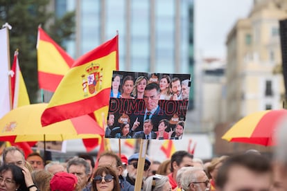 Cartel contra el Ejecutivo, este sábado, en la manifestación en Colón en Madrid.