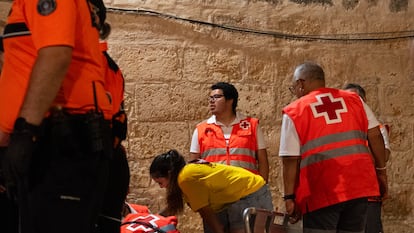MENORCA BALEARIC ISLANDS, SPAIN - JUNE 24: Several emergency services intervene after an accident at the Jocs des Pla in Ciutadella during the Fiestas de Sant Joan, on 24 June, 2025 in Menorca, Balearic Islands, Spain. This is a series of equestrian games of skill and dexterity, with origins in medieval competitions, held on the esplanade of des Pla, next to the port of Ciutadella. The games are divided into two batches: one in the morning (rehearsals) and another at dusk, where the final tests are carried out. (Photo By Alba Redondo/Europa Press via Getty Images)