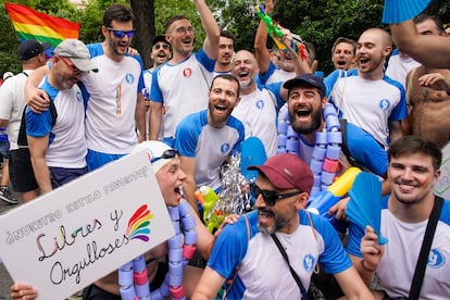Participantes en la manifestación del Orgullo en Madrid, este sábado.