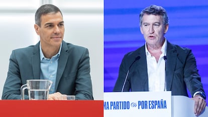 Desde la izquierda, el presidente del Gobierno, Pedro Sánchez, durante la reunión de la Comisión Ejecutiva Federal en la sede de Ferraz, a 7 de julio de 2025, en Madrid, y Alberto Núñez Feijóo, presidente del PP, durante el congreso del PP el 4 de julio en IFEMA